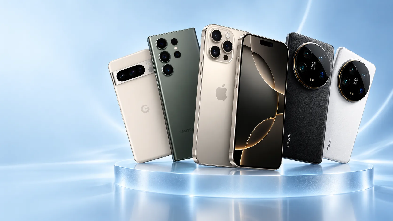 iPhone, Galaxy, Pixel and Xiaomi phones fanned out on a frosted blue stand