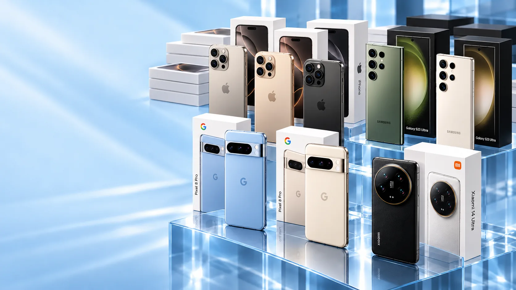 Boxed iPhone, Galaxy, Pixel and Xiaomi phones stacked on a display as wholesale stock