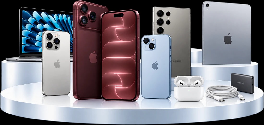 iPhones in front, with a Galaxy phone, MacBook, iPad, AirPods and accessories on a light podium