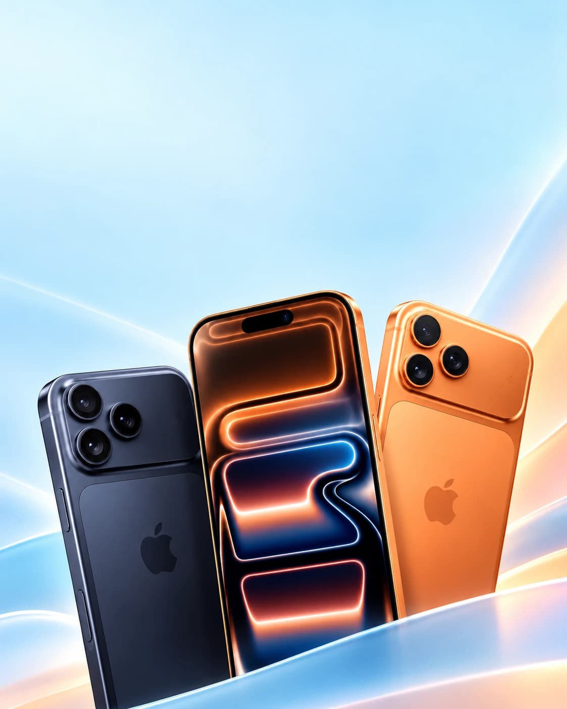 iPhone 17 Pro Max, back and front, on a light blue background