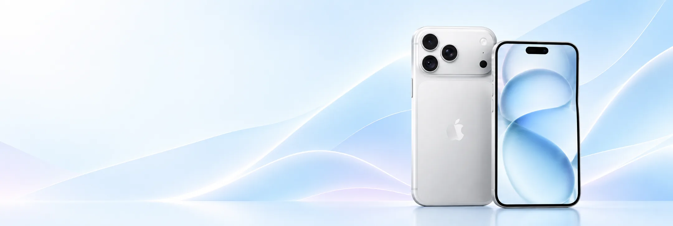 iPhone 17 Pro Max, back and front, on a light blue background