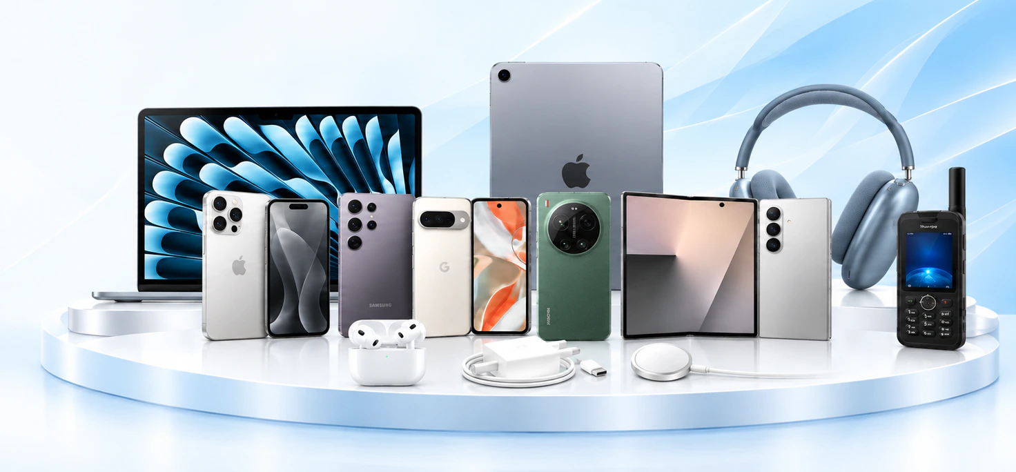 MacBook, iPhone, Galaxy, Pixel, Xiaomi, Galaxy Z Fold, iPad, AirPods, chargers and a Thuraya phone on a white podium