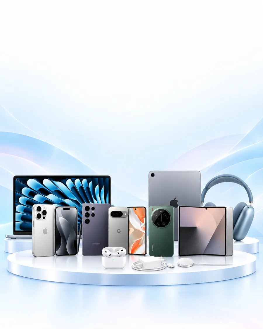 MacBook, iPhone, Galaxy, Pixel, Xiaomi, Galaxy Z Fold, iPad, AirPods, chargers and a Thuraya phone on a white podium