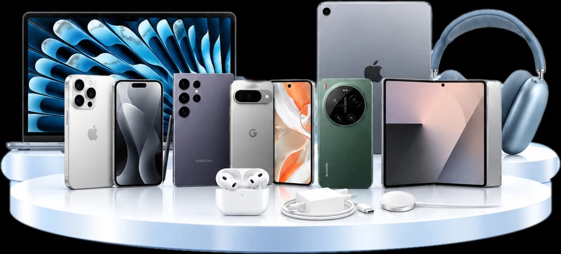 iPhone, Galaxy and Pixel phones on a display stand