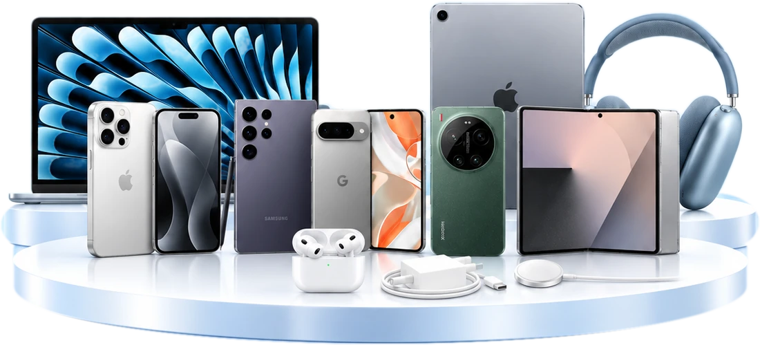 MacBook, iPhone, Galaxy, Pixel, Xiaomi, Galaxy Z Fold, iPad, AirPods, chargers and a Thuraya phone on a white podium