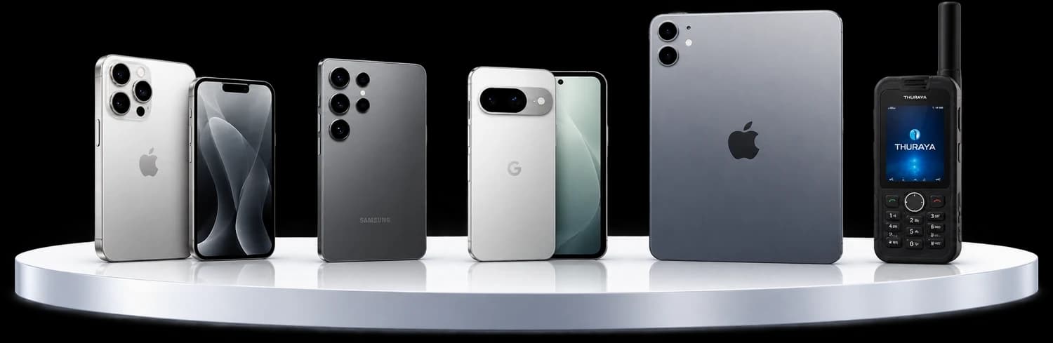 iPhone, Galaxy Ultra, Pixel Pro and Xiaomi Ultra phones fanned out on a frosted blue stand